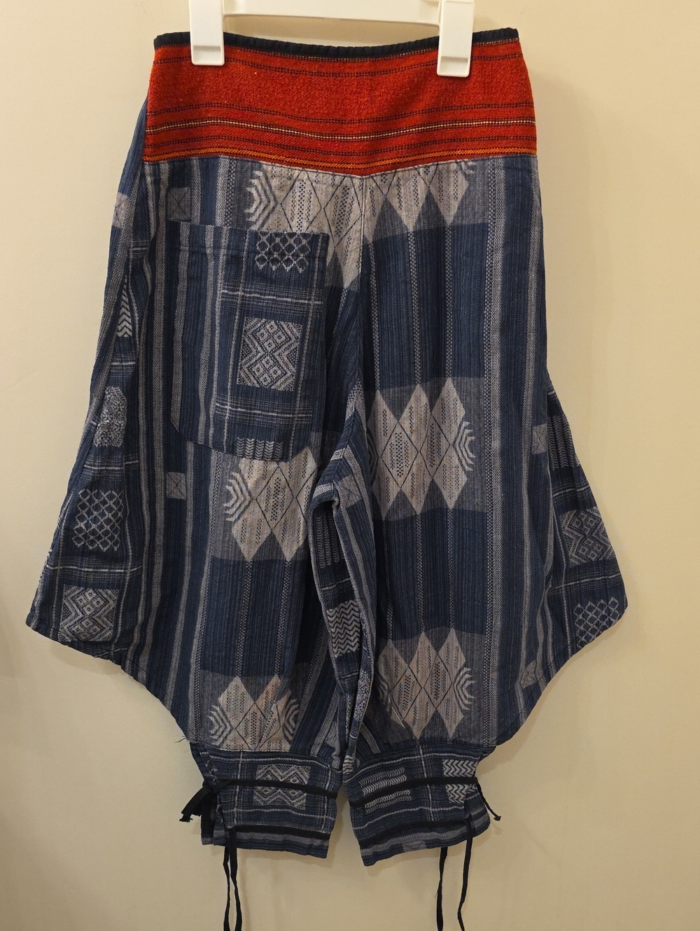 Boho Indigo Patterned Wide-Leg Jeans with Red Waistband